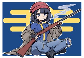 1girl absurdres artist_name black_boots black_hair blue_bodysuit blue_eyes bodysuit boots breasts closed_mouth coat denim fallout fallout_4 freckles garloo gun high_collar highres holding holding_gun holding_weapon jeans looking_at_viewer pants rifle scar scar_across_eye scar_on_face short_hair sitting smoking solo torn_clothes torn_jeans torn_pants trench_coat vault_girl vault_suit weapon