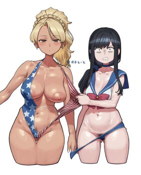 2girls american_flag_swimsuit areola_slip assisted_exposure bishoujo_senshi_sailor_moon black_hair blonde_hair blue_choker blush braid breasts brown_eyes chest_bow choker cleavage closed_mouth clothes_pull collarbone commentary_request cropped_legs dark-skinned_female dark_skin dot_mouth dot_nose expressionless female_pubic_hair food_court_de_mata_ashita furrowed_brow gluteal_fold gyaru hair_over_shoulder highres large_areolae large_breasts long_hair long_sidelocks looking_at_viewer low_ponytail low_side_ponytail maruko_tooto multiple_girls navel nipples one-piece_swimsuit one-piece_swimsuit_pull parted_lips ponytail ponytail_with_braided_base pubic_hair pubic_hair_peek pulling_another's_clothes sailor_moon_narikiri_bra_set sidelocks simple_background skindentation small_breasts straight-on swimsuit tan thigh_gap v-shaped_eyebrows wada_(food_court) white_background yamamoto_(food_court)