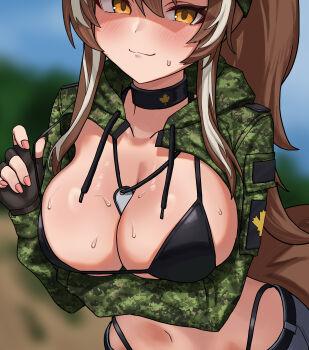 1girl absurdres animal_ear_fluff animal_ears arm_under_breasts baseball_cap bikini black_bikini black_choker black_gloves blue_shorts blurry blurry_background breasts bt_(user_udwc7853) callisto_(greyeth) camouflage camouflage_hat camouflage_jacket canadian_flag choker cleavage clothes_pull commentary commission cowboy_shot crop_top cropped cropped_jacket cutoffs denim denim_shorts dog_tags ears_through_headwear fingerless_gloves fox_ears fox_girl fox_tail gloves green_hat green_jacket hat highleg highleg_bikini highres jacket large_breasts long_hair long_sleeves looking_at_viewer micro_shorts midriff navel open_clothes original pulling_own_clothes shorts solo stomach strap_pull string_bikini sweat swimsuit tail unmoving_pattern