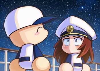 Rule 34 | 1boy, 1girl, baseball cap, baseball uniform, blue eyes, blue hat, blue shirt, blush stickers, brown hair, closed eyes, commentary request, hat, jikkyou powerful pro yakyuu, jikkyou powerful pro yakyuu (style), long hair, multicolored hat, multicolored shirt, night, no mouth, outdoors, peaked cap, power pro-kun, power pro appli, profile, railing, rayman limbs, shirt, smile, sportswear, star (sky), surprised, taiju, tatehashi minato, white hat, white shirt