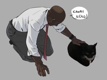 1boy animal bald cat collared_shirt dark-skinned_male dark_skin full_body grey_background grey_pants kneeling left_4_dead long_sleeves louis_(left_4_dead) male_focus maxwell_the_cat necktie original pants petting photo_inset red_necktie shirt simple_background speech_bubble tuxedo_cat utmbug very_dark_skin white_shirt