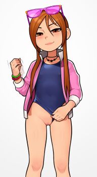 1girl absurdres brown_eyes brown_hair carol_(onirism) clothing_aside feet_out_of_frame female_focus flat_chest freckles gluteal_fold handjob_gesture highres jacket jewelry loli loodncrood looking_at_viewer motion_lines necklace one-piece_swimsuit onirism open_clothes open_jacket pussy smile solo standing sunglasses sunglasses_on_head swimsuit swimsuit_aside white_background