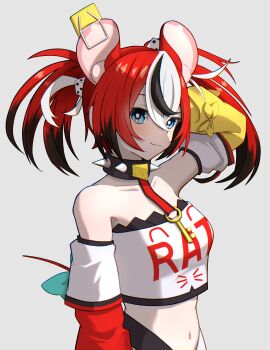 1girl absurdres animal_ears arm_up asymmetrical_sleeves bare_shoulders black_hair blue_eyes blush bow breasts closed_mouth collar collarbone commentary_request cowboy_shot crop_top detached_sleeves dice_hair_ornament grey_background hair_between_eyes hair_ornament hakos_baelz hakos_baelz_(1st_costume) highres hololive hololive_english jewelry key key_necklace long_hair looking_at_viewer medium_breasts midriff mismatched_sleeves mouse_ears mouse_girl mouse_tail mousetrap multicolored_hair navel necklace red_hair shirt sidelocks simple_background skirt smile solo spiked_collar spikes standing strapless strapless_shirt streaked_hair tail tail_bow tail_ornament twintails virtual_youtuber wagahai_karen white_hair white_shirt white_sleeves