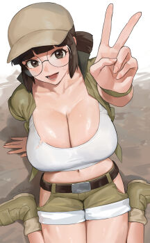 Rule 34 | 1girl, black eyes, black hair, breasts, brown hat, cleavage, commentary request, fio germi, glasses, green shoes, green shorts, hat, highres, large breasts, looking at viewer, metal slug, nhaliz, open mouth, round eyewear, shoes, short hair, short shorts, shorts, smile, solo, v