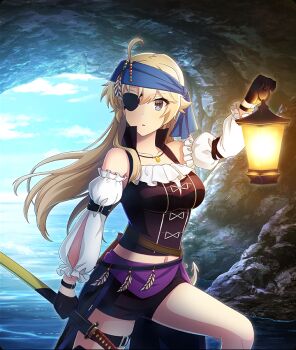 Rule 34 | 1girl, :o, anchor ornament, arm belt, bandana, bare legs, bare shoulders, beads, belt, black belt, black gloves, black shirt, blonde hair, blue bandana, blue eyes, blue sky, breasts, brown belt, cave, cloud, collarbone, day, detached sleeves, dot nose, eyepatch, feathers, frilled shirt, frills, game cg, gloves, holding, holding lantern, holding sword, holding weapon, jewelry, katana, kohagura ellen, lantern, large breasts, long hair, looking at viewer, midriff peek, multiple belts, navel, necklace, official art, parted lips, purple skirt, sheath, sheathed, shirt, skirt, sky, sleeveless, sleeveless shirt, solo, sword, third-party source, toji no miko, toji no miko: kizamishi issen no tomoshibi, uneven footing, water, weapon, white sleeves, wrist belt