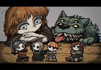 >_< 2girls 3boys ? armor barbarian black_border black_gloves black_hair black_robe boots border bound bowl_cut brown_robe cahara_(fear_&amp;_hunger) chibi child d'arce_(fear_&amp;_hunger) enki_(fear_&amp;_hunger) extra_eyes extra_teeth fear_&amp;_hunger_(series) fear_&amp;_hunger_1 flower fur-trimmed_boots fur_trim gloves green_gloves grey_background grey_eyes hair_flower hair_ornament head_rest holding holding_sword holding_weapon knight letterboxed light_brown_hair long_hair looking_at_another medium_hair mini_person miniboy minigirl moonless_(fear_&amp;_hunger) multiple_boys multiple_girls orange_hair ragnvaldr_(fear_&amp;_hunger) red_hair robe rope scar scar_on_arm short_hair sm2_hokke sword the_girl_(fear_&amp;_hunger) tied_up_(nonsexual) tongue weapon wolf