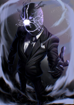 Rule 34 | 1boy, absurdres, black gloves, black jacket, black necktie, black pants, black shoes, black skin, black suit, black suit (blue archive), blue archive, collared shirt, colored skin, commentary request, cracked skin, flaming eye, formal clothes, from above, gloves, glowing, glowing eyes, highres, jacket, light particles, m1i i109, male focus, necktie, pants, reaching, reaching towards viewer, shirt, shoes, smile, standing, suit, suit jacket, waves, white shirt, wind