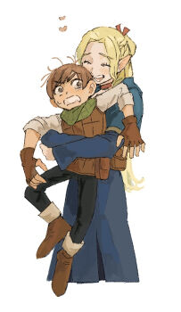 1boy 1girl :d ^_^ belt_pouch black_pants blonde_hair blue_capelet blue_robe boots brown_gloves brown_hair brown_shoes capelet carrying carrying_person chilchuck_tims choker clenched_teeth closed_eyes commentary_request double-parted_bangs dungeon_meshi elf fingerless_gloves gloves hair_ribbon halfling heart hood hooded_capelet hug light_blush long_hair marcille_donato messy_hair neck_warmer open_mouth pants pointy_ears ponytail pouch red_choker red_ribbon ribbon robe shirt shoes smile sweatdrop syugyoou039 teeth v-shaped_eyebrows white_background white_shirt