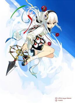 blue_sandals blue_sky character_request copyright_notice holding holding_polearm holding_weapon jacket looking_at_viewer official_art open_mouth outdoors polearm red_eyes sandals sasamori_tomoe sky snow solo spear weapon white_hair white_jacket wixoss