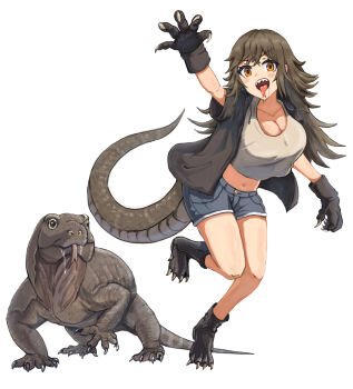 1girl boots breasts brown_hair clawed_boots clawed_gauntlets claws cleavage collarbone creature cropped_shirt forked_tongue gloves highres jacket komodo_dragon large_breasts lizard lizard_tail long_hair looking_at_viewer maru_ko messy_hair monster_girl navel open_clothes open_jacket orange_eyes original reptile_girl saliva shorts simple_background tail tongue
