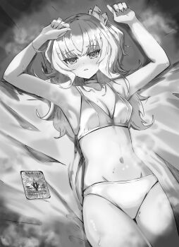 1girl absurdres armpits bikini breasts cleavage commentary_request crysta_(duel_masters) duel_masters duel_masters_lost from_above gem_hair_ornament greyscale heart heart_in_eye highres kuramandora long_hair lying medium_breasts monochrome navel on_back open_mouth solo sweatdrop swimsuit symbol_in_eye trading_card two_side_up