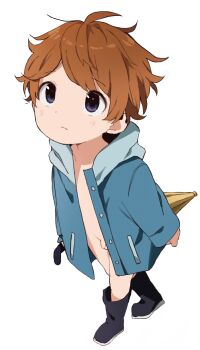 1boy ahoge black_footwear blue_coat blush boots brown_hair coat exhibitionism gonelson_(artist) highres hood hooded_coat long_sleeves looking_at_viewer looking_up male_focus naked_coat naked_raincoat nemui_(nemuriyagi) nudist open_clothes open_coat penis public_indecency public_nudity rad_(character) rad_(nemuriyagi) raincoat rubber_boots shoes short_hair shota small_penis solo transparent_background umbrella uncensored walking white_background