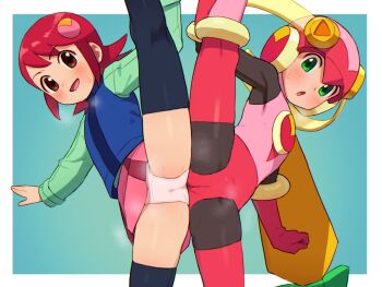 2girls aqua_shirt black_thighhighs blue_vest blush bodysuit brown_eyes chiwino green_eyes helmet long_hair mayl_sakurai_(mega_man) mega_man_(series) mega_man_battle_network_(series) multicolored_bodysuit multiple_girls panties pink_bodysuit pink_helmet pink_skirt red_bodysuit red_hair roll.exe_(mega_man) shirt skirt split standing standing_on_one_leg standing_split thighhighs underwear vest white_panties
