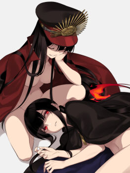 1boy 1girl 7dango7 black_hair black_hat breasts brother_and_sister cape closed_eyes fate/grand_order fate_(series) grin hat highres long_hair lying medium_breasts naked_cape navel oda_nobukatsu_(fate) oda_nobunaga_(fate) oda_uri on_side peaked_cap popped_collar red_cape red_eyes siblings sitting smile