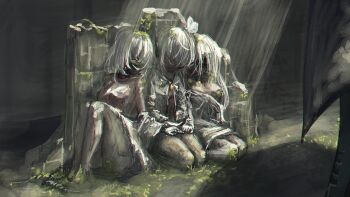 Rule 34 | 3girls, against wall, android, blue archive, commentary, ein (blue archive), full body, highres, knees up, leaning on person, multiple girls, ohr (blue archive), overgrown, ruins, seiza, shirasu kuretaka, sitting, sof (blue archive), spoilers, sunlight, torn clothes, white hair, wide shot