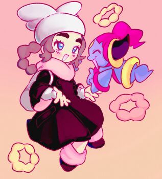 1girl ansha_(pokemon) bag black_coat black_hair blue_eyes blush closed_eyes coat commentary donut english_commentary eyelashes food gen_6_pokemon hat highres hoopa hoopa_(confined) horns leg_warmers legendary_pokemon long_hair long_sleeves looking_at_another milah mythical_pokemon nintendo open_mouth pink_leg_warmers pink_scarf pokemon pokemon_(creature) pokemon_legends:_z-a scarf shoes smile white_bag white_hat winter_clothes winter_coat