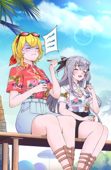 Rule 34 | absurdres, black shorts, blue shorts, blush, brain freeze, cloud, commentary, cone hair bun, eating, eyewear on head, food, gladiator sandals, grey eyes, grey hair, hair bun, hair ornament, hairband, highres, hololive, hololive indonesia, ice cream, ichiyaichimaru, kaela kovalskia, laughing, print shirt, red-tinted eyewear, red eyes, red hairband, sandals, shirt, short hair, shorts, sitting, summer, tinted eyewear, untranslatable commentary, vestia zeta, virtual youtuber