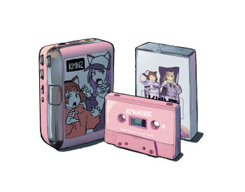 Rule 34 | cassette player, cassette tape, commentary request, highres, ken sogen, kmnz, lita (kmnz), liz (kmnz), no humans, object focus, simple background, still life, virtual youtuber, white background
