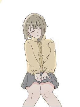 1girl :o absurdres blush brown_hair closed_eyes facing_viewer feet_out_of_frame grey_skirt highres invisible_chair jacket long_sleeves love_live! love_live!_nijigasaki_high_school_idol_club miniskirt nakasu_kasumi open_mouth pleated_skirt short_hair simple_background sitting skirt sleeping sleeping_upright solo u_u white_background yellow_jacket yozorapi