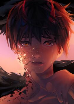 Rule 34 | black hair, black wings, cracked skin, crying, crying with eyes open, demon horns, disintegration, feathered wings, hand up, hashtag-only commentary, highres, horns, kim dokja, official alternate costume, omniscient reader's viewpoint, orange eyes, parted lips, reaching, reaching towards viewer, short hair, tears, wei inn, wide-eyed, wings