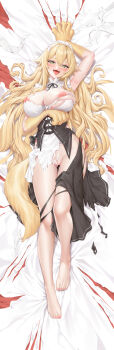 1girl apron arm_under_breasts armpits bar_censor barefoot black_apron blonde_hair blush breasts censored claw_mark claws cleavage dakimakura_(medium) dress frederica_baumann full_body green_eyes hair_between_eyes heart heart-shaped_pupils highres large_breasts long_hair looking_at_viewer lying maid maid_headdress nipples on_back on_bed open_mouth pussy re:zero_kara_hajimeru_isekai_seikatsu sharp_teeth smile solo symbol-shaped_pupils tail teeth toes tongue tongue_out torn_clothes torn_dress washout008 white_dress