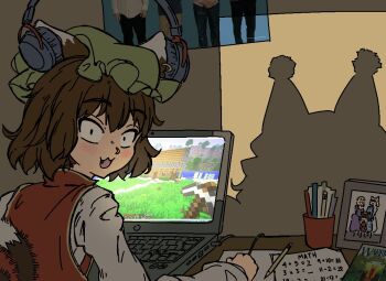 2girls animal_ears book brown_hair cat_ears cat_tail chen china_dress chinese_clothes computer desk dress earrings fang gold_earrings gold_trim green_hat hat headphones jewelry laptop long_sleeves looking_back math minecraft mob_cap multiple_girls open_mouth pen pencil picture_frame poster_(object) shadow short_hair silhouette single_earring stirfriedspam surprised tail touhou warrior_cats weezer_(band) yakumo_ran