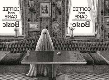 1other backwards_text booth_seating cafe crosshatching cup english_text floor flower ghost greyscale hatching_(texture) highres indoors monochrome nib_pen_(medium) original painting_(object) pen_(medium) reflection reflective_table ryaw scenery sheet_ghost sitting traditional_media vase wall_lamp wallpaper_(object) window