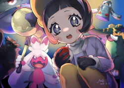 Rule 34 | 1girl, :o, black hair, blush stickers, bright pupils, bronzong, commentary request, copperajah, corviknight, creatures (company), eyelashes, game freak, gen 4 pokemon, gen 8 pokemon, gloves, grey eyes, grey jacket, highres, jacket, long sleeves, looking down, magnezone, meq (xwtc4338), nintendo, open clothes, open jacket, open mouth, pantyhose, pokemon, pokemon (creature), pokemon sv, poppy (pokemon), short hair, squatting, teeth, tinkaton, upper teeth only, yellow pantyhose