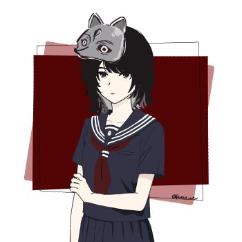 Rule 34 | 1girl, adapted costume, amakura mio, arm at side, black eyes, black hair, blue sailor collar, blue serafuku, blue skirt, closed mouth, collarbone, commentary request, cosplay, expressionless, fatal frame, fatal frame ii: crimson butterfly, flwct, fox mask, half mask, hand on own arm, highres, looking ahead, mask, mask on head, neckerchief, pleated skirt, red background, red neckerchief, sailor collar, school uniform, serafuku, shimizu hinako, shimizu hinako (cosplay), short hair, short sleeves, silent hill (series), silent hill f, skirt, solo, standing, twitter username, two-tone background, upper body, white background