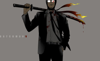 1boy absurdres black_necktie black_suit blood blood_on_clothes blood_on_face blood_on_shoes character_name commentary_request cowboy_shot dakuonpu formal_clothes gatchmanv glasses hand_in_pocket hat hatching_(texture) highres holding holding_sword holding_weapon indie_virtual_youtuber katana male_focus necktie opaque_glasses sheath sheathed solo suit sword virtual_youtuber weapon