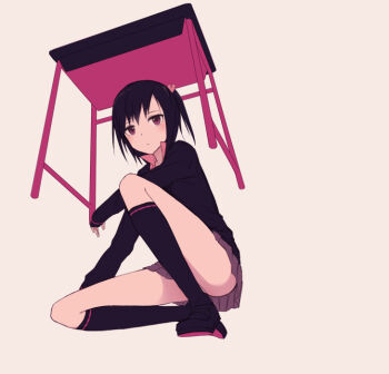 1girl black_hair blush cardigan desk hair_ribbon looking_at_viewer one_side_up original panties red_eyes revision ribbon school_desk short_hair skirt solo squatting under_table underwear yukitake_(bullfalk)