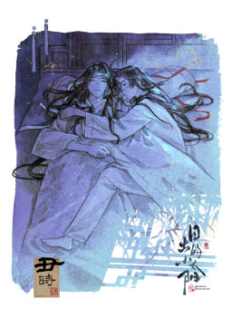 2boys ahoge alternate_costume alternate_hairstyle artist_name barefoot bathrobe bed_sheet black_hair blanket chinese_clothes chinese_commentary chinese_text closed_eyes closed_mouth couple faux_traditional_media from_above hair_down hair_ribbon hanfu headband hug hug_from_side indoors lan_wangji long_hair long_sleeves lying male_focus modao_zushi multiple_boys night on_back on_bed on_side pants pillow red_ribbon ribbon richu_de_xiao_taiyang robe seal_impression sidelocks sleeping tassel under_covers untied_ribbon watercolor_effect wei_wuxian white_headband white_pants white_ribbon white_robe wide_sleeves yaoi