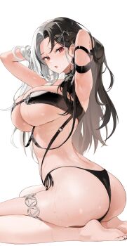 1girl absurdres armpits arms_behind_head arms_up ass barefoot bikini black_bikini black_hair breasts choyeon commentary_request ear_piercing earrings feet goddess_of_victory:_nikke hair_lift hand_in_own_hair hands_in_own_hair highres hoop_earrings jewelry kneeling korean_commentary large_breasts long_hair looking_at_viewer multicolored_hair nail_polish piercing red_eyes rosanna_(chic_ocean)_(nikke) rosanna_(nikke) seiza simple_background sitting soles solo split-color_hair swimsuit thighlet toenail_polish toenails toes twisted_torso wet white_background white_hair