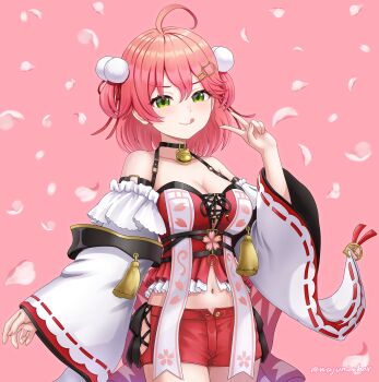Rule 34 | 1girl, absurdres, ahoge, back bow, bell, black-framed eyewear, black bustier, black choker, blush, bow, braid, breasts, bustier, capelet, cherry blossom print, cherry blossoms, chest harness, choker, cleavage, closed mouth, clothing cutout, commentary request, crop top, cross-laced clothes, cross-laced shorts, cross-laced slit, cross-laced top, falling petals, floral print, frilled wrist cuffs, frills, front slit, green eyes, hair between eyes, hair ornament, hairclip, half up braid, harness, highres, hip vent, hololive, jingle bell, lace-trimmed sleeves, lace trim, large breasts, long hair, long sleeves, looking at viewer, neck bell, nontraditional miko, official alternate costume, official alternate hairstyle, petals, pink hair, red shorts, red tube top, sakura miko, sakura miko (work), short shorts, shorts, smile, solo, strapless, tassel, tongue, tongue out, tube top, two side up, virtual youtuber, wajuniorbox, white capelet, white sleeves, wide sleeves, wrist cuffs