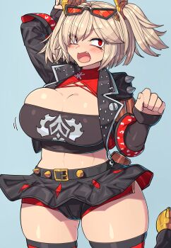 1girl black_jacket black_skirt black_thighhighs blonde_hair blush breasts burnice_white cleavage elegomosu embarrassed eyewear_on_head highres jacket large_breasts midriff open_clothes open_jacket open_mouth pleated_skirt red_eyes short_hair short_twintails skirt solo sunglasses thick_thighs thighhighs thighs twintails zenless_zone_zero