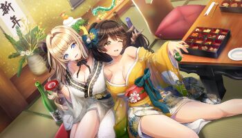 2girls :d ;d alcohol bare_legs bare_shoulders bento bishamon_kikkou blonde_hair blue_eyes blunt_bangs bottle breasts brown_eyes brown_hair choko_(cup) cleavage cup dolphin_wave floral_print floral_print_kimono flower game_cg hair_intakes hair_ribbon highres holding holding_another&#039;s_hair holding_cup japanese_clothes kagami_mochi kikkoumon kimono kirahoshi_kanna lace lace-trimmed_kimono lace_trim large_breasts lily_print long_hair mole mole_on_breast mole_under_mouth multiple_girls neck_ribbon new_year non-web_source off_shoulder official_art one_eye_closed ootomo_takuji open_mouth osechi ponytail print_kimono ribbon sakazuki sake sake_bottle smile swept_bangs table tatami vase white_flower wide_sleeves yamaba_yume yellow_flower