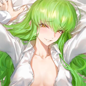 1girl absurdres ahoge areola_slip blush breasts c.c. choppy_bangs code_geass collarbone collared_shirt eyelashes green_hair hair_between_eyes highres lips long_hair long_sleeves looking_at_viewer lying on_back on_bed out_of_frame outstretched_arms portrait pov shirt small_breasts smile solo_focus teeth unbuttoned white_shirt yellow_eyes zonotaida