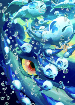 absurdres air_bubble animal_focus blue_eyes bubble close-up colored_sclera commentary_request fish gen_3_pokemon gen_7_pokemon highres kyogre legendary_pokemon nintendo no_humans pokemon pokemon_(creature) pokemon_focus primal_kyogre red_eyes school_of_fish underwater wishiwashi wishiwashi_(solo) yellow_sclera yomagntho9q9q