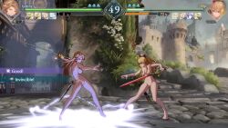 2girls 3d animated blonde_hair breasts brown_hair fighting granblue_fantasy granblue_fantasy_versus:_rising highres katalina_(granblue_fantasy) multiple_girls nipples nude nude_filter nude_mod outdoors sound sword tagme third-party_edit video vira_(granblue_fantasy) weapon