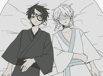 2boys alternate_costume black_choker black_hair black_kimono black_vs_white blindfold braid choker eli_clark eli_clark_(noir) eli_clark_(white) grey_eyes hair_tubes hand_on_own_stomach identity_v japanese_clothes kimono looking_at_viewer lying male_focus multiple_boys official_alternate_costume on_back one_eye_closed ttptg6 twin_braids upper_body white_hair white_kimono white_streaks wide_sleeves