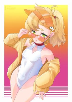 1girl absurdres blonde_hair blue_archive breasts clothing_cutout commentary cosplay covered_navel diamond_cutout english_commentary gradient_background green_eyes highleg highleg_one-piece_swimsuit highres jacket long_hair one-piece_swimsuit open_mouth orange-tinted_eyewear piper_wheel raiso seia_(blue_archive) seia_(blue_archive)_(cosplay) seia_(swimsuit)_(blue_archive) side_ponytail small_breasts solo standing sunglasses swimsuit tinted_eyewear visor_cap white_one-piece_swimsuit yellow_jacket yellow_visor zenless_zone_zero