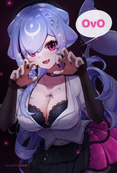 1girl artist_name bao_(vtuber) black_bra black_choker black_hat black_nails black_skirt black_sleeves blue_hair bra cetacean_tail choker fins fish_skeleton_hair_ornament fish_tail frilled_skirt frills hat highres indie_virtual_youtuber jewelry long_hair navel necklace open_mouth pink_eyes pink_skirt shirt skirt sleepycake smile solo speech_bubble tail underwear whale_girl white_shirt