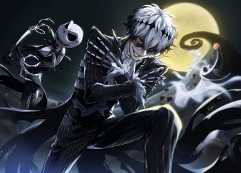 3boys black_crown crown diamond_hairband formal_clothes jack_skellington jacket long_sleeves looking_at_viewer male_focus multiple_boys pinstripe_pattern pinstripe_suit short_hair skully_j._graves smile striped_clothes striped_jacket suit sunglasses the_nightmare_before_christmas twisted_wonderland vest white_hair zero_(nbc)