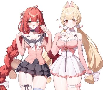 2girls alice_thymefield animal_ears bag bare_shoulders black_skirt blonde_hair blush braid breasts cellphone cleavage corset dress hair_ornament hair_ribbon highres long_hair looking_at_viewer multiple_girls open_mouth phone pink_dress rabbit_ears red_hair ribbon shoulder_bag skirt taiyaki12 thighhighs thighs ukinami_yuzuha zenless_zone_zero