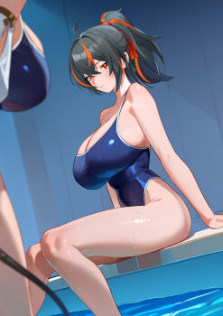 2girls absurdres ahoge alternate_costume black_hair blue_one-piece_swimsuit breasts closed_mouth competition_swimsuit curvy hair_ribbon high_ponytail highleg highleg_one-piece_swimsuit highres jane_doe_(zenless_zone_zero) large_breasts looking_at_viewer mouse_tail multicolored_hair multiple_girls one-piece_swimsuit ponytail pool red_eyes red_hair ribbon shiny_skin sideboob sitting soaking_feet streaked_hair swimsuit tail thighs thong_one-piece_swimsuit water wet wide_hips yueyueyue_yao zenless_zone_zero zhu_yuan