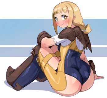0lightsource 1girl armor ass_blush blonde_hair blush boots braid bright_pupils brown_eyes final_fantasy final_fantasy_xii full_body highres knees_up leather_armor looking_at_viewer looking_back penelo shoulder_pads sitting smile solo twin_braids unitard white_pupils