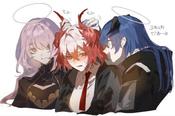 3girls arknights black_jacket blue_hair blush cloud commentary_request fiammetta_(arknights) fuuga_(perv_rsity) hair_between_eyes halo head_wings highres horns jacket lemuen_(arknights) long_hair mostima_(arknights) multiple_girls necktie open_mouth pink_eyes pink_hair red_hair red_necktie rubbing rubbing_head shirt simple_background sweat teeth translation_request upper_body upper_teeth_only white_background white_shirt wings yuri