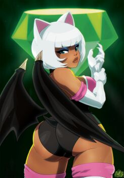 1girl absurdres animal_ears bat_ears bat_girl bat_tail bat_wings blue_eyeshadow breasts chaos_emerald elbow_gloves eyeshadow gloves green_eyes highres looking_at_viewer makeup rouge_the_bat sega solo sonic_(series) tail tovio_rogers white_gloves white_hair wings
