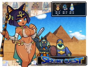 1girl 2boys albus_(skullgirls) animal_ears ankh bird black_hair blue_eyes bracelet breasts cat_ears cowboy_shot desert dragon_quest eagle eliza_(skullgirls) gameplay_mechanics hair_ornament hat horace_(skullgirls) imeni-art jackal jewelry large_breasts menu multiple_boys navel open_mouth parody pixelated pyramid_(structure) shield skullgirls smile staff sword thighhighs usekh_collar weapon wide_sleeves