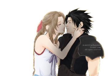 1boy 1girl aerith_gainsborough armor bare_shoulders black_hair braid braided_ponytail brown_hair closed_eyes commentary_request couple crisis_core:_final_fantasy_vii dress earrings face-to-face facial_scar facing_another final_fantasy final_fantasy_vii hair_ribbon hetero highres imminent_kiss jewelry kakefu long_hair parted_bangs parted_lips pink_ribbon ponytail ribbon scar scar_on_cheek scar_on_face shoulder_armor sleeveless sleeveless_dress sleeveless_turtleneck spiked_hair stud_earrings sweater tears turtleneck turtleneck_sweater twitter_username upper_body white_background white_dress zack_fair